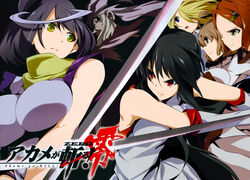  akame akame_ga_kill! akame_ga_kill!_zero black_hair blonde_hair blue_eyes breasts brown_eyes brown_hair cleavage kei_toru red_eyes scarf sword tagme_(character) weapon 