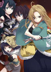  4girls :o ahoge animal_hood aqua_eyes armor black_bra blonde_hair blue_eyes blue_hair bra brown_eyes brown_hair chirosuke_(nameless) commentary_request hadanugi_dousa highres hood japanese_armor japanese_clothes katana kimono kote kusazuri long_hair maeda_inuchiyo multiple_girls niwa_nagahide_(oda_nobuna_no_yabou) oda_nobuna oda_nobuna_no_yabou open_clothes open_kimono open_mouth photoshop_(medium) ponytail purple_hair scarf shibata_katsuie_(oda_nobuna_no_yabou) shorts shoulder_armor smile sode sword tiger_hood tiger_skin underwear weapon yellow_eyes 