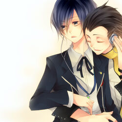  2boys black_hair blue_eyes blue_hair bow closed_eyes commentary_request digital_media_player gekkoukan_high_school_uniform headphones hug jikei male_focus mochizuki_ryouji multiple_boys persona persona_3 ribbon scarf school_uniform simple_background smile yuuki_makoto_(persona_3) 