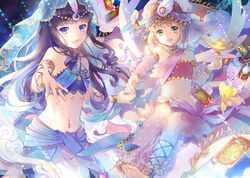  2girls :d anklet arabian_clothes armlet bare_shoulders barefoot black_hair blue_eyes blunt_bangs blush bracelet breasts brown_hair card cardcaptor_sakura clow_card commentary_request daidouji_tomoyo dancer ekita_kuro gem green_eyes hair_ornament harem_outfit harem_pants highres jewelry kero_(cardcaptor_sakura) kinomoto_sakura lamp long_hair looking_at_viewer midriff multiple_girls navel navel_piercing necklace open_mouth pants piercing ringlets sarong see-through sidelocks small_breasts smile soles star_(symbol) stomach toes transparent_harem_pants veil 