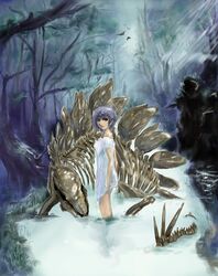  bad_id bad_pixiv_id bare_legs dress female forest nature pixiv_fantasia purple_hair river short_hair skeleton solo stegosaurus thagomizer wet white_dress yamabuki_ryuu 