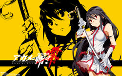  akame akame_ga_kill! akame_ga_kill!_zero black_hair dress gloves kei_toru long_hair red_eyes sword weapon zoom_layer 