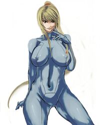  bad_id bad_pixiv_id blonde_hair blue_eyes bodysuit breasts covered_navel covered_nipples female large_breasts long_hair metroid ponytail samus_aran skin_tight solo yamabuki_ryuu zero_suit 