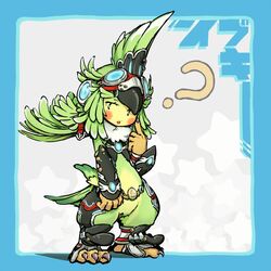  ? bird claws commentary_request crop_top detached_sleeves feather_hair feathers female finch_(xenoblade) flat_chest full_body fur_collar futaba_no_taiko gem goggles goggles_on_head long_hair long_sleeves monster_girl open_mouth simple_background solo talons toeless_legwear triangle_mouth xenoblade_chronicles_(series) xenoblade_chronicles_2 