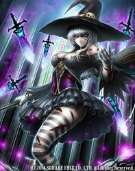  bare_shoulders black_dress breasts broom cleavage closed_mouth commentary_request corset cuts deadman&#039;s_cross dress female hat heterochromia injury layered_dress long_hair long_sleeves looking_at_viewer medium_breasts misawa_kei off-shoulder_dress off_shoulder official_art photoshop_(medium) pink_eyes short_dress sidelocks silver_hair smile solo striped_clothes striped_thighhighs sword thighhighs undead watermark weapon wide_sleeves witch_hat yellow_eyes 