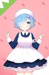  alternate_costume apron ayamy blue_eyes blue_hair blush closed_mouth commentary cowboy_shot female food_print hair_ornament hair_over_one_eye hands_up hat little_nurse long_sleeves looking_at_viewer maid mentholatum nurse nurse_cap petticoat re:zero_kara_hajimeru_isekai_seikatsu rem_(re:zero) short_hair simple_background smile solo strawberry_print tareme x_hair_ornament 