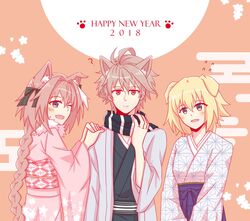  2boys ahoge animal_ears astolfo_(fate) bangs black_kimono black_ribbon blonde_hair blush braid brown_hair cat_ears coat dog_ears eyebrows_visible_through_hair fate/apocrypha fate_(series) female fokwolf grey_coat hair_ornament hair_ribbon hand_on_own_neck hands_on_another&#039;s_shoulder happy_new_year highres japanese_clothes jeanne_d&#039;arc_(fate) jeanne_d&#039;arc_(fate)_(all) kimono long_braid long_hair looking_at_viewer male_focus multicolored_hair multiple_boys multiple_girls new_year oerba_yun_fang one_eye_closed open_clothes open_coat pink_eyes pink_hair pink_kimono purple_eyes red_eyes ribbon ruler_(fate/apocrypha) scarf short_hair sieg_(fate/apocrypha) single_braid striped_scarf trap two-tone_hair very_long_hair yukata 