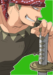  1boy bandana green_hair one_piece one_piece:_strong_world roronoa_zoro sword v-neck weapon yagi2024 