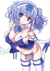  babydoll bikini bikini_under_clothes blue_bikini blue_eyes blue_hair blue_panties blue_theme breasts choker commentary_request detached_collar elbow_gloves female gloves hairband hirose_(mokiki) large_breasts lingerie looking_at_viewer lowleg lowleg_bikini navel original panties panties_around_one_ankle panty_pull partial_commentary short_hair side-tie_panties simple_background smile solo strap_slip swimsuit thighhighs twintails underwear undressing white_background white_thighhighs 