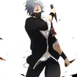  1boy belt black_eyes chains commentary_request dual_wielding earrings grey_hair holding jewelry katou_kiri kunai male_focus mask nii_(aaaelrrroas) sket_dance solo weapon white_background wristband 