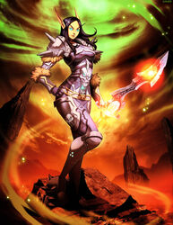  aqua_eyes armor black_hair blood_elf_(warcraft) cliff cloud commentary commission death_knight_(warcraft) elf english_commentary female genzoman pauldrons photoshop_(medium) player_character_(wow) pointy_ears rock shoulder_armor skull solo sword warcraft weapon world_of_warcraft 