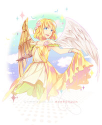  angel angel_wings asymmetrical_wings bangle bare_shoulders bird blonde_hair blue_eyes borrowed_character bracelet cassie_(acerailgun) cloud commentary commission cyborg dress english_commentary feathered_wings female flat_chest flower hair_flower hair_ornament jewelry mechanical_arms mechanical_wings original photoshop_(medium) ravee_of_titans single_mechanical_arm solo sparkle wings yellow_dress 