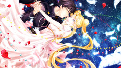  1boy akinashi armor back_bow bishoujo_senshi_sailor_moon black_hair blonde_hair blue_background blue_eyes bow cape chiba_mamoru commentary_request couple double_bun dress endymion_(sailor_moon) eye_contact facial_mark feathers female forehead_mark hair_bun hair_ornament hairpin highres holding_hands interlocked_fingers long_hair looking_at_another petals princess_serenity smile straight tsukino_usagi twintails white_dress 