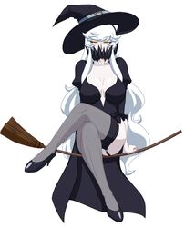  breasts broom cleavage covered_mouth female halloween high_heels horns kantai_collection large_breasts long_hair midway_hime pale_skin shinkaisei-kan solo thighhighs white_hair witch_hat yellow_eyes 