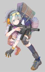  aqua_hair bag black_socks blue_eyes commentary_request ear_protection eyewear_on_head female full_body fuyuno_haruaki gloves grey_background gun knee_pads kriss_vector little_armory ninokata_arisu safety_glasses short_hair shoulder_bag single_glove socks solo submachine_gun weapon 