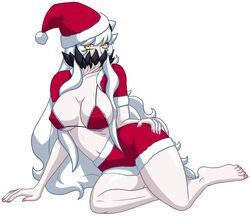  breasts christmas cleavage covered_mouth female horns kantai_collection large_breasts long_hair midway_hime pale_skin santa_hat shinkaisei-kan solo white_hair yellow_eyes 