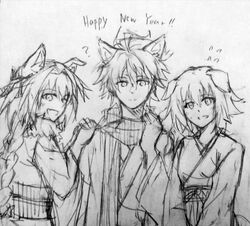  2boys ahoge animal_ears astolfo_(fate) bangs blonde_hair blush braid cat_ears coat dog_ears eyebrows_visible_through_hair fate/apocrypha fate_(series) female fokwolf hair_ornament hair_ribbon hand_on_own_neck hands_on_another&#039;s_shoulder happy_new_year highres japanese_clothes jeanne_d&#039;arc_(fate) jeanne_d&#039;arc_(fate)_(all) kimono long_braid long_hair looking_at_viewer male_focus multiple_boys multiple_girls new_year oerba_yun_fang one_eye_closed open_clothes open_coat ribbon ruler_(fate/apocrypha) scarf short_hair sieg_(fate/apocrypha) single_braid striped_scarf trap very_long_hair yukata 