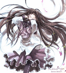  akemi_homura akemi_homura_(magical_girl) bad_id bad_pixiv_id black_eyes black_hair black_pantyhose female floating_hair hands_on_own_cheeks hands_on_own_face highres lips long_hair magical_girl mahou_shoujo_madoka_magica mahou_shoujo_madoka_magica_(anime) pantyhose purple_skirt skirt solo taki_zen&#039;ichi very_long_hair 