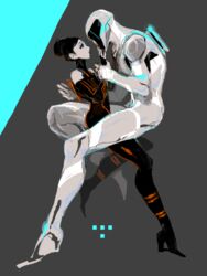  arm_grab beck_(tron:_uprising) black_hair eyelashes female hair_bun hand_on_another&#039;s_chest hand_on_headwear high_heels looking_down looking_up open_mouth paige_(tron:_uprising) shoes single_hair_bun size_difference t_(arisu-no-neko) tron tron:_legacy tron:_uprising visor 