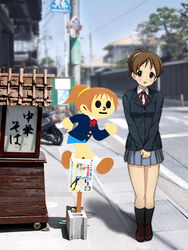  brown_eyes brown_hair commentary_request female hirasawa_ui k-on! photo_background photoshop_(medium) ponytail ryunnu sakuragaoka_high_school_uniform school_uniform short_hair tobidashi-bouya 