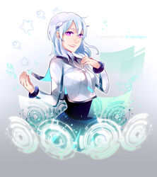  alpha_(acerailgun) android blue_hair borrowed_character breasts commentary commission english_commentary female hand_on_own_chest holographic_interface medium_breasts original photoshop_(medium) pink_eyes ravee_of_titans solo star_(symbol) white_theme 