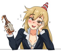  +tic_nee-san alcohol beer blonde_hair bottle bra brown_eyes drooling drunk female flat_chest genma_iroe hat head_rest heart heart-shaped_pupils kiriririn long_hair party_hat school_uniform solo spilling symbol-shaped_pupils unbuttoned underwear 