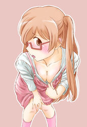  blush breasts brown_eyes brown_hair cleavage commentary_request female glasses long_hair marutaya medium_breasts photoshop_(medium) shiraishi_(tanakeda) solo tanaka-kun_wa_itsumo_kedaruge twintails 