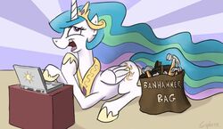  ass bag banhammer computer crown cutie_mark electronics english_text equid equine female feral friendship_is_magic fur gsphere_(artist) hair hammer hasbro headgear hooves horn horse jewelry laptop laugh mammal mane my_little_pony ojou_laugh open_mouth pony princess_celestia_(mlp) purple_eyes reaction_image simple_background smile solo text tiara tools white_body white_fur wings 