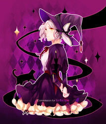  arms_behind_back borrowed_character capelet cecilia_(acerailgun) commentary commission dress english_commentary feline female hat original photoshop_(medium) purple_background purple_theme ravee_of_titans solo white_hair witch witch_hat yellow_eyes 