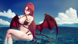  afloat artharia bikini black_bikini breasts cleavage cloud commentary_request crossed_legs day demon_wings epis feet_out_of_frame female fingernails halterneck head_tilt heart heart_necklace highres horizon jewelry king&#039;s_raid large_breasts long_fingernails long_hair looking_at_viewer medium_breasts nail_polish necklace o-ring o-ring_bikini ocean outdoors outstretched_hand reaching reaching_towards_viewer red_eyes red_hair red_nails red_wings signature sitting sitting_on_water smile solo spread_wings swimsuit tail water wet wings 