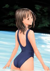  ass back bare_shoulders blush brown_eyes brown_hair female forest i&quot;s koro_chan_fan_club lips looking_back nature short_hair solo standing swimsuit water yoshizuki_iori 