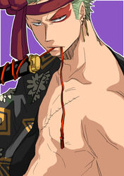  1boy alternate_costume earrings green_hair jewelry male_focus one_piece roronoa_zoro scar sword weapon yagi2024 