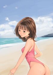  ass bare_shoulders beach blush breasts brown_eyes brown_hair cloud clouds female i&quot;s koro_chan_fan_club looking_at_viewer ocean sand short_hair sky small_breasts solo standing sweat swimsuit water yoshizuki_iori 