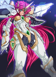  absurdres commentary_request female gem gold_trim green_gemstone highres juubaori_mashumaro long_hair looking_at_viewer mecha_musume pink_hair science_fiction solo super_robot_wars super_robot_wars_original_generation super_robot_wars_the_lord_of_elemental valsione very_long_hair 