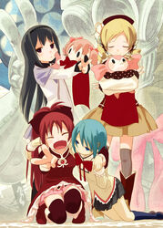  4girls :t akemi_homura akemi_homura_(magical_girl) beret black_eyes black_hair blonde_hair blue_eyes blue_hair character_doll charlotte_(madoka_magica) charlotte_(madoka_magica)_(cosplay) closed_eyes commentary_request cosplay doll drill_hair hair_ornament hairclip hat hug kaname_madoka kyuubee long_hair magical_girl mahou_shoujo_madoka_magica mahou_shoujo_madoka_magica_(anime) miki_sayaka mitakihara_school_uniform mizu_asato multiple_girls oerba_yun_fang oktavia_von_seckendorff pink_hair ponytail red_hair sakura_kyoko sakura_kyoko_(magical_girl) school_uniform short_hair smile thighhighs tomoe_mami tomoe_mami_(magical_girl) twin_drills twintails v 