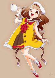  bad_id bad_pixiv_id brown_hair cojibou cup dress female full_body hair_ornament hairclip happy hat long_hair mary_janes open_mouth orange_eyes original shoes simple_background solo 