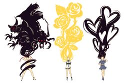  3girls absurdly_long_hair bayonetta bayonetta_(series) black_hair blonde_hair commentary diamond_wa_kudakenai faceless faceless_female flower guilty_gear hanpetos heart heart_hair jojo_no_kimyou_na_bouken long_hair love_deluxe lowres millia_rage multiple_girls prehensile_hair school_uniform serafuku stand_(jojo) trait_connection very_long_hair yamagishi_yukako 