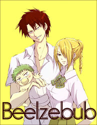  2boys baby baby_be&#039;el bad_id bad_pixiv_id ball beelzebub_(manga) blonde_hair breasts commentary_request female green_hair hair_over_one_eye hilda_(beelzebub) large_breasts multiple_boys nfa_(tomo) oga_tatsumi school_uniform volleyball volleyball_(object) 