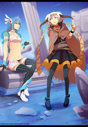  2girls alpha_(acerailgun) android blue_hair borrowed_character breasts cecilia_(acerailgun) cloak commentary_request dress fingerless_gloves gloves hairband horns letterboxed long_hair looking_at_another midriff multiple_girls navel nerior original pantyhose pillar pink_eyes ruins shoes shooting_star sitting sky small_breasts soaking_feet star_(sky) starry_sky thighhighs water watermark web_address white_hair witch yellow_eyes 