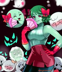  ^_^ bad_id bad_twitter_id black_legwear boo_(mario) bootler bow bow_(paper_mario) breasts buttons closed_eyes colored_skin d-ryuu dual_persona female ghost gloves green_hair green_skin hairbow hand_on_own_hip laughing mario_(series) medium_breasts miniskirt no_bra ojou-sama_pose pantyhose paper_mario paper_mario_64 personification red_eyes red_gloves ribbed_sweater short_hair skirt sleeveless sleeveless_turtleneck sweater turtleneck wavy_hair 