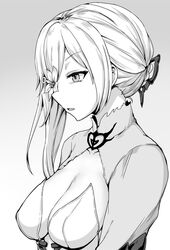  breasts commentary_request female from_side greyscale hair_ornament large_breasts looking_down monochrome shin&#039;yashiki sinoalice snow_white_(sinoalice) solo upper_body 