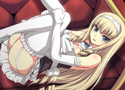  blonde_hair blue_eyes blush body_blush breasts cleavage commentary_request couch dream_c_club dream_c_club_(series) dream_c_club_zero drill_hair elbow_gloves female garter_straps gloves hairband haruka_(dream_c_club) lace lace-trimmed_legwear lace_trim long_hair lying medium_breasts on_back open_mouth shimamoto_utsumi sitting solo thighhighs white_thighhighs 