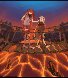  2girls anklet armor barefoot blue_eyes borrowed_character bridge cecilia_(acerailgun) cloak commentary english_commentary erica_(acerailgun) greaves hairband hanging_bridge highres horns jewelry lava letterboxed long_hair multiple_girls nerior original pauldrons red_hair red_skirt shoulder_armor skirt thighhighs walking watermark web_address white_hair witch yellow_eyes 