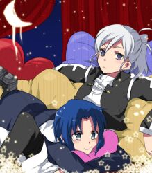  2girls 6_(yuchae) blue_eyes blue_hair c: cheek_squash ciel_(tsukihime) commentary_request cropped_jacket cushion habit melty_blood multiple_girls nun ponytail riesbyfe_stridberg short_hair smile tsukihime white_hair 