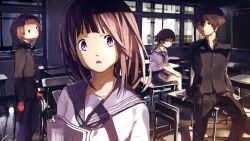  2boys 2girls black_hair book brown_eyes brown_hair chair chitanda_eru classroom commentary_request desk fukube_satoshi gakuran highres hyouka ibara_mayaka indoors long_hair looking_at_viewer loundraw multiple_boys multiple_girls open_mouth oreki_houtarou purple_eyes school_desk school_uniform serafuku short_hair skirt window 