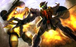  banchengping@126 battle commentary_request damaged dragon explosion fire glowing glowing_eyes gun gundam gundam_wing lance leo_(mobile_suit) machine_gun mecha no_humans photoshop_(medium) polearm robot shenlong_gundam shield weapon 