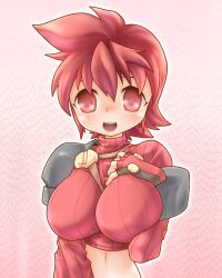  bad_id bad_pixiv_id breasts elsword elsword_(character) female fingerless_gloves genderswap_(mtf) gloves itanki knight_(elsword) large_breasts midriff pink_background red_eyes red_hair rule_63 short_hair smile solo 