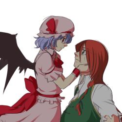  2girls bat_wings blue_hair braid commentary_request dress green_eyes hair_ribbon hands_on_another&#039;s_face hong_meiling long_hair looking_at_another multiple_girls neko_majin no_headwear profile red_eyes red_hair remilia_scarlet ribbon short_hair simple_background smile tears torn_clothes touhou white_background wings 