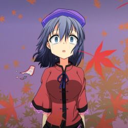  autumn_leaves beret blue_eyes blue_hair cato_(monocatienus) commentary_request crying crying_with_eyes_open female hat jiangshi leaf maple_leaf miyako_yoshika ofuda ofuda_removed open_mouth shirt short_hair solo symposium_of_post-mysticism tareme tears touhou wide-eyed wind 