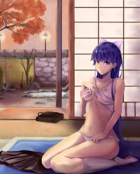  bad_id bad_pixiv_id blush bow female hairbow highres irohara kneehighs long_hair looking_at_viewer navel no_bra original panties purple_eyes purple_hair seiza sitting skirt socks solo tank_top underwear underwear_only unworn_skirt white_panties 